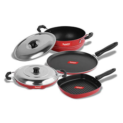 Sumeet 2.6mm Thick Non-Stick Rooi Cookware Set (Dosa Tawa – 26.5cm Dia + Kadhai with Lid – 1.5Ltr Capacity- 20cm Dia + Grill Appam Patra with Lid – 23cm Dia + Grill Pan – 1.1Ltr Capacity – 22cm Dia)