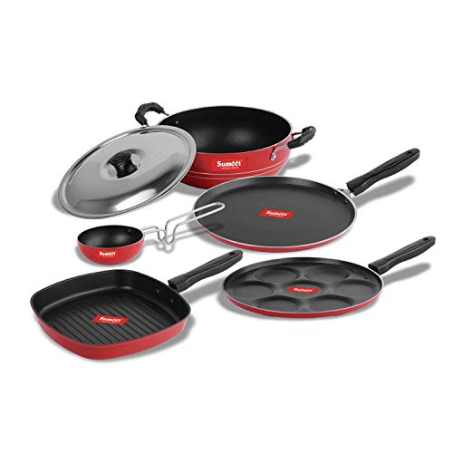 Sumeet 2.6mm Thick Non-Stick Vermello Cookware Set (Dosa Tawa – 26.5cm Dia + Multi Snack Maker – 26.5cm Dia + Kadhai with Lid – 1.5Ltr + Grill Pan – 1.1Ltr + Tadka Pan – 10cm Dia)