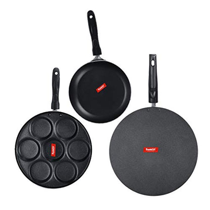 Sumeet NonStick Gri Cookware Set (Flat Tawa - 30.5cm Dia + Multi Snack Maker - 7 Cavity - 26.5Cm Dia + Tapper pan - 0.6Ltr - 20Cm Dia)