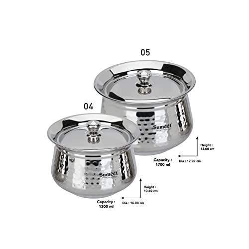 Sumeet Stainless Steel Handcrafted Hammered Texture Handi Set with Lid for Kitchen, Set of 2, 1300ml & 1700ml, Silver