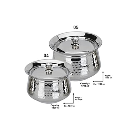 Sumeet Stainless Steel Handcrafted Hammered Texture Handi Set with Lid for Kitchen, Set of 2, 1300ml & 1700ml, Silver