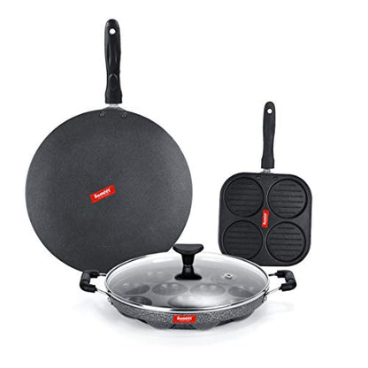 Sumeet NonStick Boz Cookware Set (Mini Multi Snack Maker - 4 Cavity -19.5cm + Grill Appam Patra with Glass Lid - 12 Cavity - 22cm Dia + Conceve/Roti Tawa - 28Cm Dia)