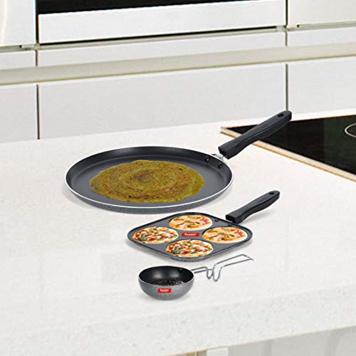 Sumeet NonStick Grijs Cookware Set (Dosa Tawa - 26.5Cm Dia + Mini Multi Snack Maker - 4 Cavity -19.5cm + Waghariya/Tadka pan - 190Ml - 10Cm Dia)