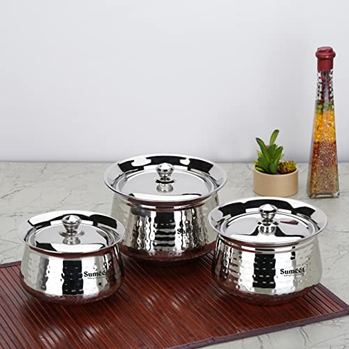 Sumeet Stainless Steel Handcrafted Hammered Texture Handi Set with Lid for Kitchen, Set of 3, 650ml, 950ml & 1300ml, Silver