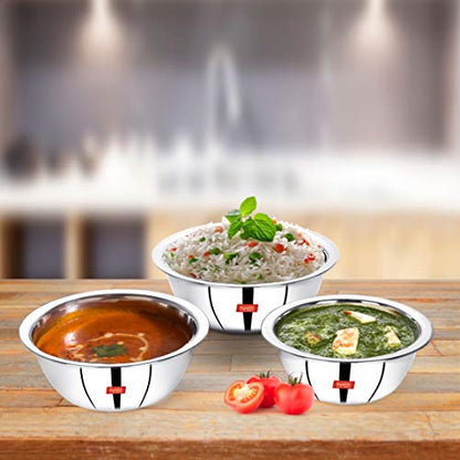 Sumeet Stainless Steel Mirror Finish Store and Serve Mixing Bowl 4Pc Set (850Ml, 1.2Ltr, 1.5Ltr)