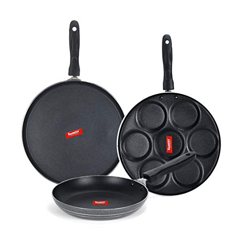 Sumeet NonStick Llwyd Cookware Set (Dosa Tawa - 26.5Cm Dia + Tapper pan - 0.6Ltr - 20Cm Dia + Multi Snack Maker - 7 Cavity - 26.5Cm Dia)