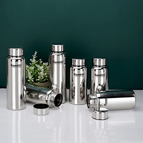 Sumeet Stainless Steel Jointless Akhand Leak-Proof Water Bottle / Fridge Bottle Set 800ML and 600ML - Pack of 6, Silver