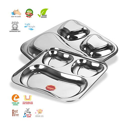 Sumeet Stainless Steel 3 in 1 Pav Bhaji Plate/Compartment Plate 24.5cm Dia - Set of 2 Pcs