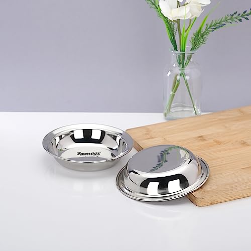 Sumeet Stainless Steel Heavy Gauge Multi Utility Serving Plates with Mirror Finish 14.5cm Dia - Set of 2pc, Silver