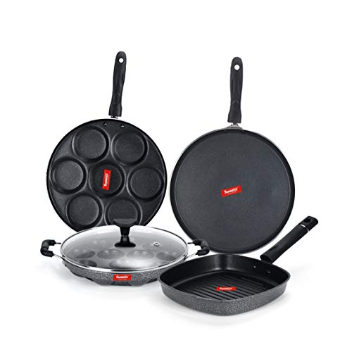 Sumeet NonStick Negre Cookware Set (Dosa Tawa - 26.5Cm Dia + Multi Snack Maker - 7 Cavity - 26.5Cm Dia + Grill Appam Patra with Glass Lid - 12 Cavity - 22cm Dia + Grill Pan-22cm Dia)