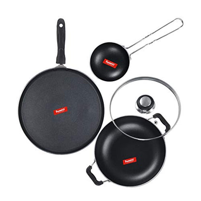 Sumeet NonStick Volafotsy Cookware Set (Dosa Tawa - 26.5Cm Dia + Kadhai with Glass Lid -2Ltr - 22Cm Dia + Waghariya/Tadka pan - 190Ml - 10Cm Dia)