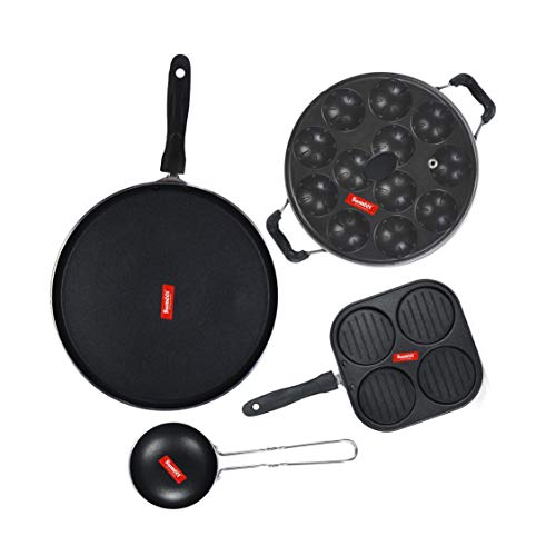 Sumeet NonStick Schwarz Cookware Set (Dosa Tawa-26.5Cm Dia+Mini Multi Snack Maker-4 Cavity-19.5cm+Grill Appam Patra with Glass Lid-12 Cavity-22cm Dia+Waghariya/Tadka pan-190Ml-10Cm Dia)