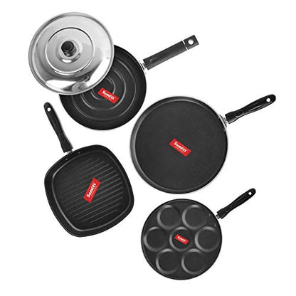 Sumeet 2.6mm Thick Non-Stick Reid Cookware Set (Dosa Tawa – 26.5cm Dia + Multi Snack Maker – 26.5cm Dia + Grill Pan – 1.1Ltr Capacity – 22cm Dia + Pizza Pan – 23cm Dia)