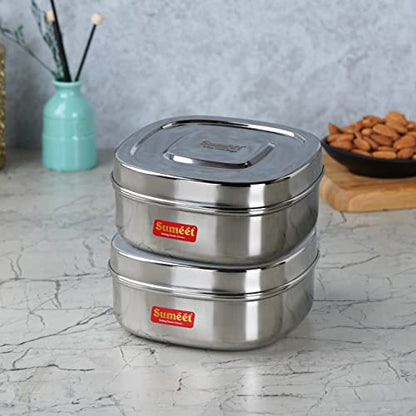 Sumeet Stainless Steel Square Storage containers Box/Dabba for Kitchen, Set of 2Pcs, 700ml, 12.5cm Dia, Silver