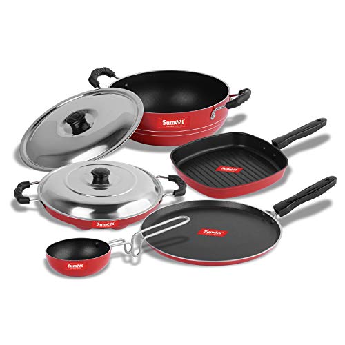 Sumeet 2.6mm Thick Non-Stick Jolet Cookware Set (Dosa Tawa – 26.5cm Dia + Kadhai with Lid – 1.5Ltr Capacity + Grill Appam Patra with Lid – 23cm Dia + Grill Pan – 1.1Ltr + Tadka Pan – 10cm Dia)