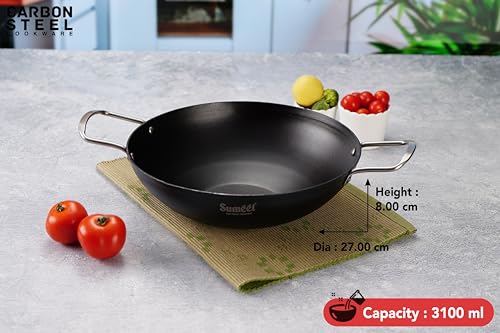 Sumeet Super Smooth Pre Seasoned Carbon Steel (Iron) Deep Kadai for Cooking and Deep Frying|Naturally Nonstick |27cm | 3100ml, Gas & Induction-Friendly, Black