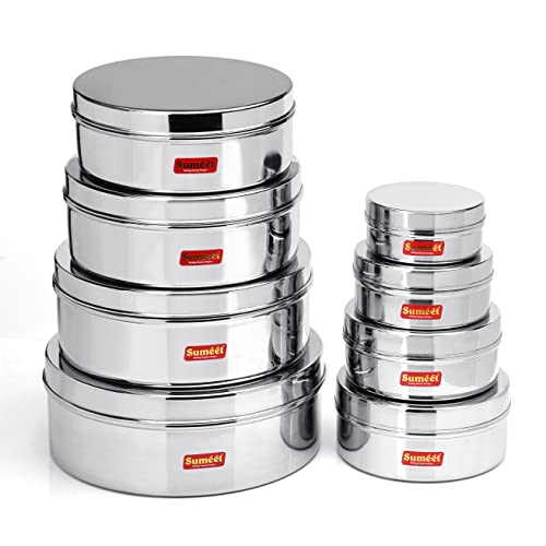 Sumeet Stainless Steel Flat Canisters/Puri Dabba/Storage Containers Set of 8Pcs (240ml,400ml,550ml,800ml,1200ml,1500ml,2100ml,2700ml)