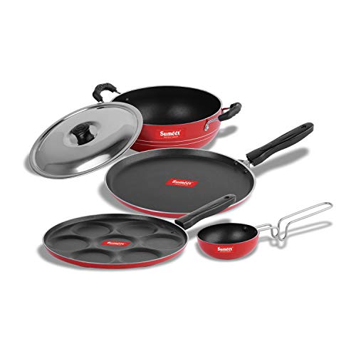 Sumeet 2.6mm Thick Non-Stick Ronga Cookware Set (Dosa Tawa – 26.5cm Dia + Multi Snack Maker – 26.5cm Dia + Kadhai with Lid – 1.5Ltr Capacity- 20cm Dia + Tadka Pan – 10cm Dia)