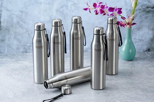 Sumeet Alpha-Aqua Stainless Steel Leak Proof Water Bottle Office/School/College/Gym/Picnic/Home/Fridge - 1 Litre |Pack of 6| Silver