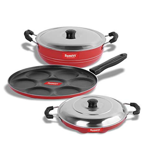 Sumeet 2.6mm Thick Non-Stick Red Joy Combo Set (Multi Snack Maker – 26.5cm Dia + Kadhai with Lid – 1.5Ltr Capacity- 20cm Dia + Grill Appam Patra with Lid – 23cm Dia)