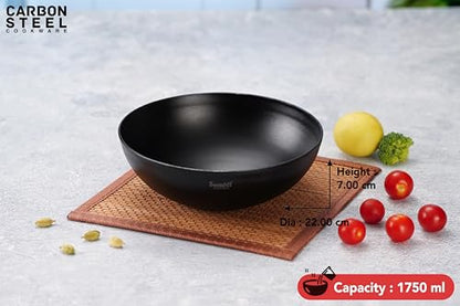 Sumeet Super Smooth Pre Seasoned Carbon Steel (Iron) Deep Tasra for Cooking and Deep Frying|Naturally Nonstick |22cm | 1750ml, Gas & Induction-Friendly, Black