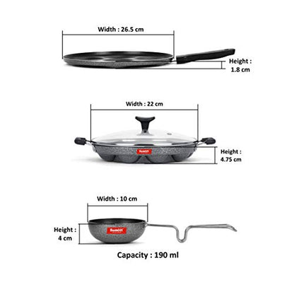 Sumeet NonStick Gray Cookware Set (Multi Snack Maker - 7 Cavity - 26.5Cm Dia + Grill Appam Patra with Glass Lid - 12 Cavity - 22cm Dia + Waghariya/Tadka pan - 190Ml - 10Cm Dia)