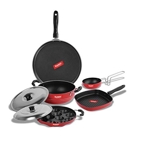 Sumeet 2.6mm Thick Non-Stick Jolet Cookware Set (Dosa Tawa – 26.5cm Dia + Kadhai with Lid – 1.5Ltr Capacity + Grill Appam Patra with Lid – 23cm Dia + Grill Pan – 1.1Ltr + Tadka Pan – 10cm Dia)