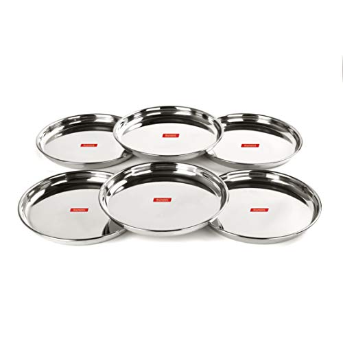 Sumeet Stainless Steel Heavy Gauge Deep Wall Dinner Plates with Mirror Finish 26.6cm Dia - Set of 6pc