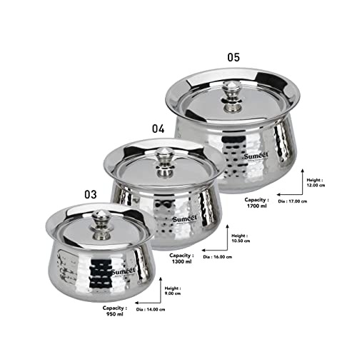 Sumeet Stainless Steel Handcrafted Hammered Texture Handi Set with Lid for Kitchen, Set of 3, 950ml, 1300ml & 1700ml, Silver