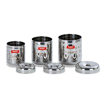 Sumeet Stainless Steel Laser Printed Tea, Cofee, Sugar Canisters Set of 3 (Capacity - Coffee - 300 ml, Tea 500 ml, Sugar 650ml)