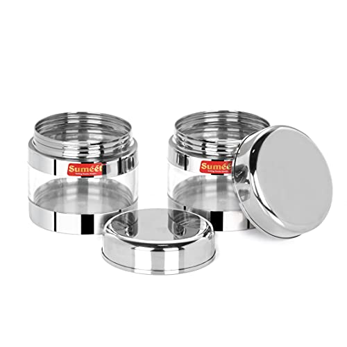 Sumeet Stainless Steel Circular See Through/Transparent Container, Set of 2Pc, 300 Ml Each, 8.5cm Dia - Silver