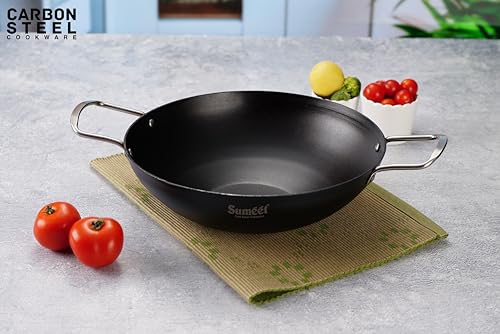 Sumeet Super Smooth Pre Seasoned Carbon Steel (Iron) Deep Kadai for Cooking and Deep Frying|Naturally Nonstick |29.6cm | 3500ml, Gas & Induction-Friendly, Black