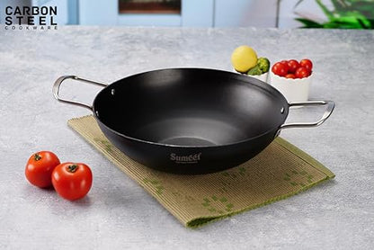 Sumeet Super Smooth Pre Seasoned Carbon Steel (Iron) Deep Kadai for Cooking and Deep Frying|Naturally Nonstick |27cm | 3100ml, Gas & Induction-Friendly, Black