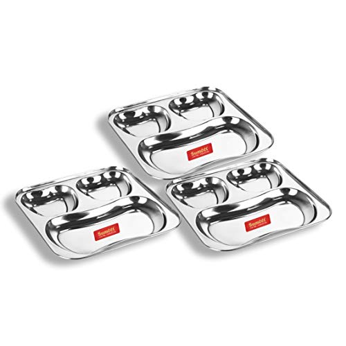 Sumeet Stainless Steel 3 in 1 Pav Bhaji Plate/Compartment Plate 21.5cm Dia - Set of 3pc