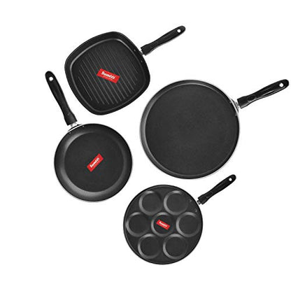 Sumeet 2.6mm Thick Non-Stick Merah Cookware Set (Dosa Tawa – 26.5cm Dia + Multi Snack Maker – 26.5cm Dia + Grill Pan – 1.1Ltr Capacity – 22cm Dia + Tapper pan – 20cm Dia)