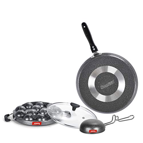 Sumeet NonStick Hall Cookware Set (Dosa Tawa - 26.5Cm Dia + Grill Appam Patra with Glass Lid - 12 Cavity - 22cm Dia + Waghariya/Tadka pan - 190Ml - 10Cm Dia)