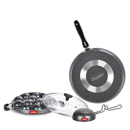Sumeet NonStick Hall Cookware Set (Dosa Tawa - 26.5Cm Dia + Grill Appam Patra with Glass Lid - 12 Cavity - 22cm Dia + Waghariya/Tadka pan - 190Ml - 10Cm Dia)