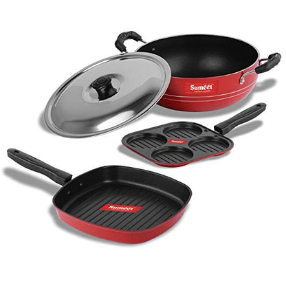 Sumeet 2.6mm Thick Non-Stick Rowan Combo Set (Mini Multi Snack Maker – 19.5cm Dia + Kadhai with Lid – 1.5Ltr Capacity- 20cm Dia + Grill Pan – 1.1Ltr Capacity – 22cm Dia)