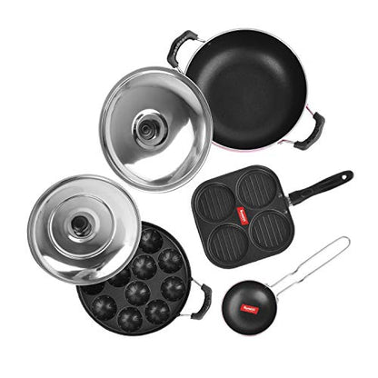 Sumeet 2.6mm Thick Non-Stick RUA Cookware Set (Mini Multi Snack Maker – 19.5cm Dia + Kadhai with Lid – 1.5Ltr + Grill Appam Patra with Lid – 23cm Dia + Tadka Pan - 10cm Dia