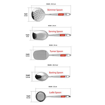 Sumeet Stainless Steel Small Serving and Cooking Spoon Set of 5pc (1 Turner, 1 Serving Spoon, 1 Skimmer, 1 Basting Spoon, 1 Ladle)