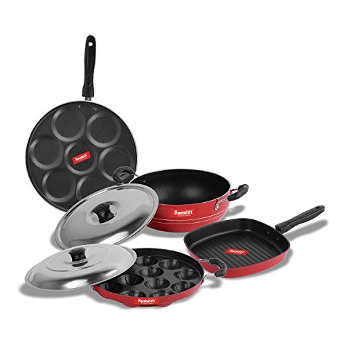 Sumeet 2.6mm Thick Non-Stick Homma Cookware Set (Multi Snack Maker – 26.5cm Dia + Kadhai with Lid – 1.5Ltr Capacity- 20cm Dia + Grill Appam Patra with Lid – 23cm Dia + Grill Pan – 1.1Ltr)