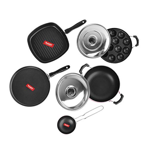 Sumeet 2.6mm Thick Non-Stick Jolet Cookware Set (Dosa Tawa – 26.5cm Dia + Kadhai with Lid – 1.5Ltr Capacity + Grill Appam Patra with Lid – 23cm Dia + Grill Pan – 1.1Ltr + Tadka Pan – 10cm Dia)