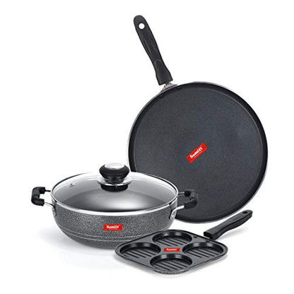 Sumeet NonStick Kelabu Cookware Set (Dosa Tawa - 26.5Cm Dia + Kadhai with Glass Lid -2Ltr - 22Cm Dia + Mini Multi Snack Maker - 4 Cavity -19.5cm)