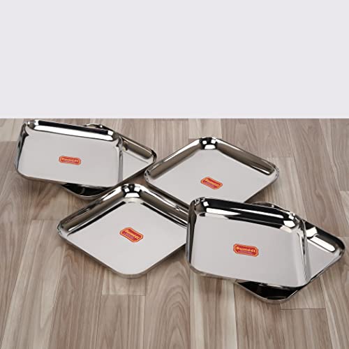 Sumeet Stainless Steel Medium Square Shape Plate/Snacks Plate/Breakfast Plate Set of 6pcs, 17.5cm Dia, Silver