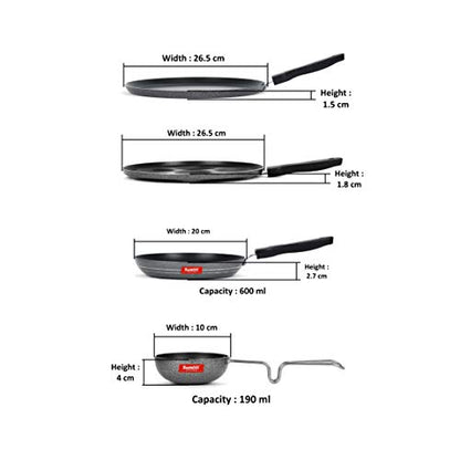 Sumeet NonStick Zwart Cookware Set (Dosa Tawa - 26.5Cm Dia + Multi Snack Maker - 7 Cavity - 26.5Cm Dia + Tapper pan - 0.6Ltr - 20Cm Dia + Waghariya/Tadka pan - 190Ml - 10Cm Dia)