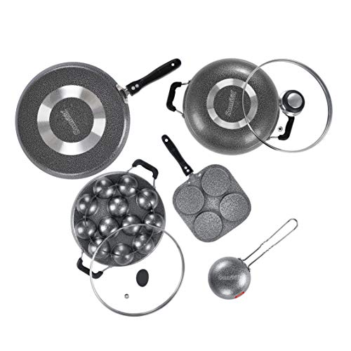 Sumeet NonStick Iswed Cookware Set (Dosa Tawa-26.5Cm Dia+Mini Multi Snack Maker-19.5cm+Kadhai with Glass Lid-22Cm Dia+Grill Appam Patra with Glass Lid-22cm Dia+Waghariya/Tadka pan-10Cm Dia)