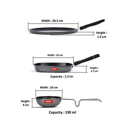 Sumeet NonStick Grau Cookware Set (Dosa Tawa - 26.5Cm Dia + Grill Pan-22cm Dia + Waghariya/Tadka pan - 190Ml - 10Cm Dia)