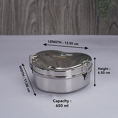 Sumeet Stainless Steel Apple Lunch Box/Tiffin with Steel Separator Plate and Locking Clip, 650ML, Ideal for 1 Person - Silver