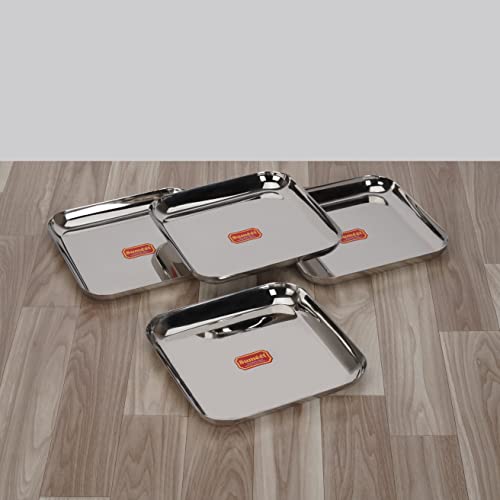 Sumeet Stainless Steel Medium Square Shape Plate/Snacks Plate/Breakfast Plate Set of 4pcs, 22.5cm Dia, Silver