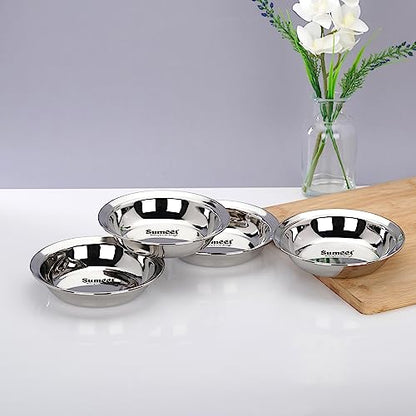 Sumeet Stainless Steel Heavy Gauge Multi Utility Serving Plates with Mirror Finish 16.5cm Dia - Set of 4pc, Silver